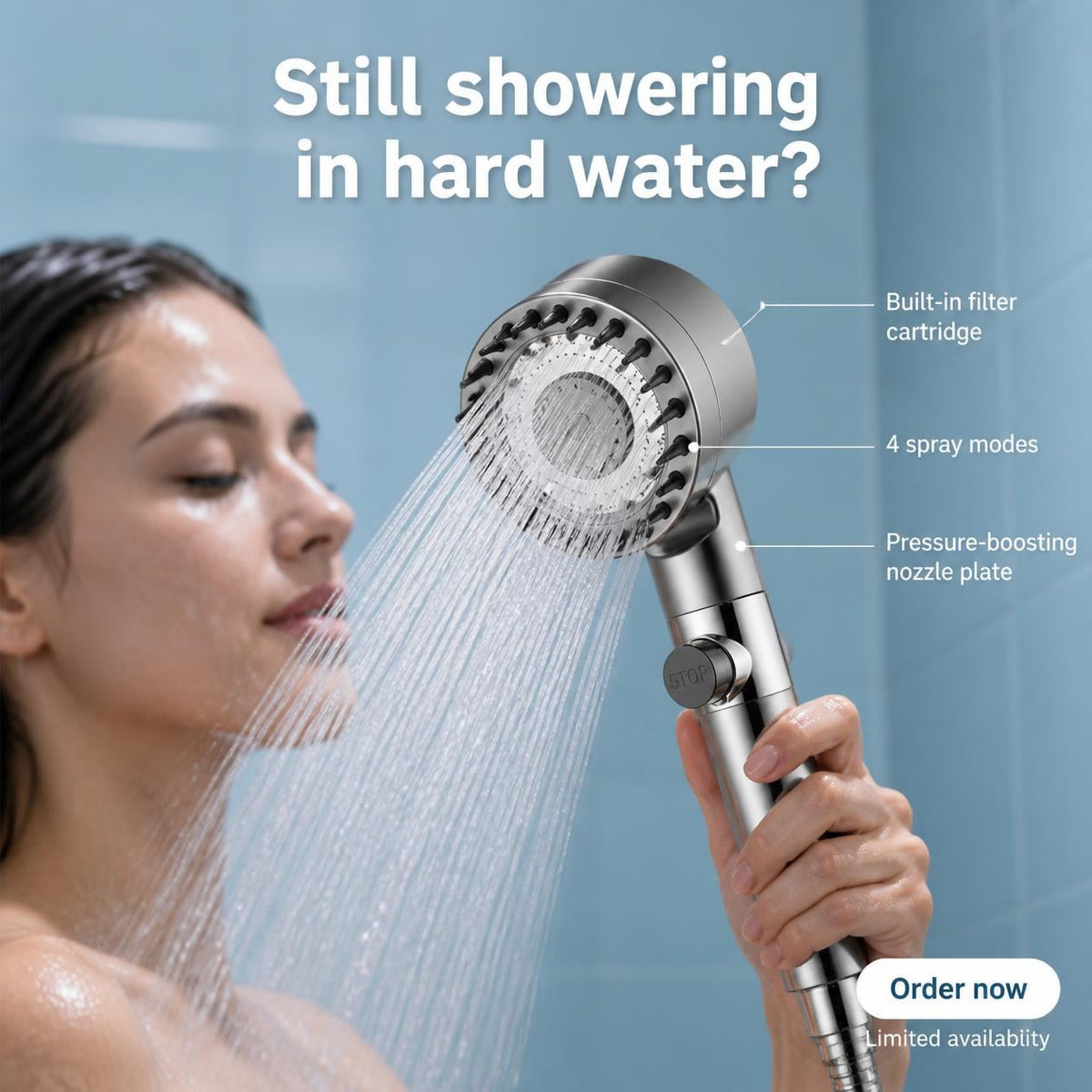 Filter, nozzle plate and four spray modes in one head.